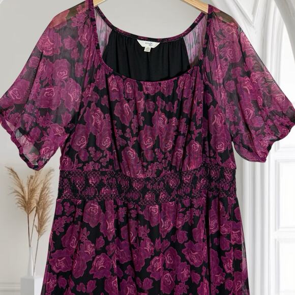Terra & Sky Midi Dress NEW Sz 2X Smocked Mesh Bold Roses Berry Wine Lined Bohe - Picture 2 of 9